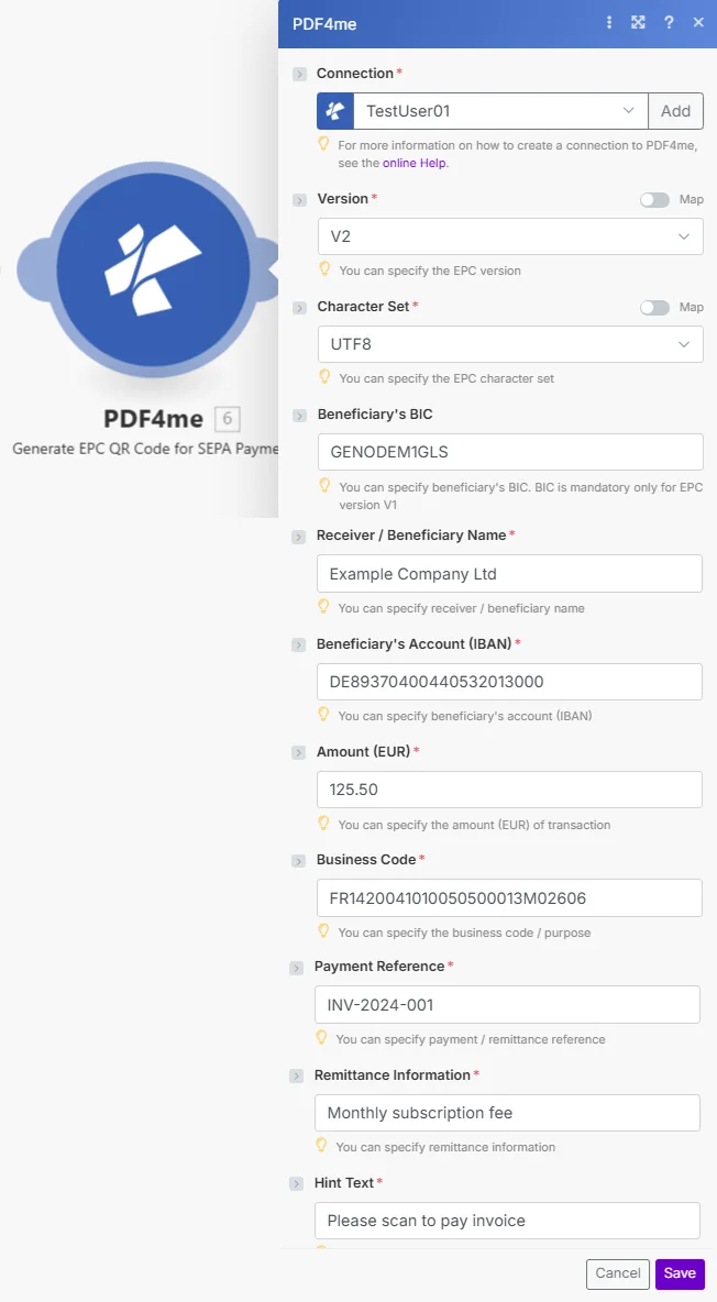 Zum Vergrößern bitte anklicken PDF4me generiert einen EPC-QR-Code für SEPA-Zahlungen. Die Verbindung ist auf TestUser01, die Version auf V2, der Zeichensatz auf UTF8, der BIC des Zahlungsempfängers auf GENODEM1GLS (Hinweis: BIC ist nur für EPC-Version V1 erforderlich), der Name des Zahlungsempfängers auf Example Company Ltd, die IBAN des Zahlungsempfängerkontos auf DE89370400440532013000, der Betrag in EUR auf 125,50, der Geschäftscode auf FR1420041010050500013M02606, die Zahlungsreferenz auf INV-2024-001, die Überweisungsinformationen auf die monatliche Abonnementgebühr und der Hinweistext „Bitte scannen Sie den QR-Code, um die Rechnung zu bezahlen“ eingestellt sind.